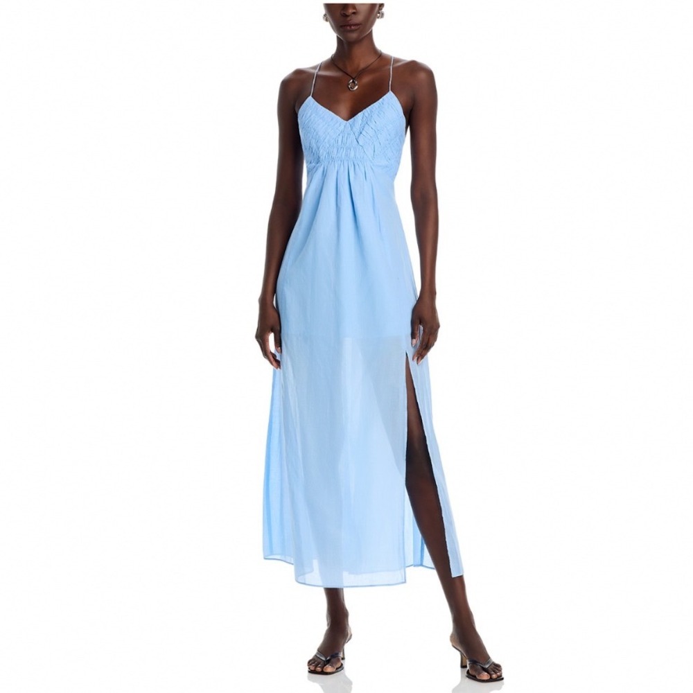 Steve Madden Brianna Dress Aurora Blue Cotton Voile Maxi Smocked Tie Back Medium
